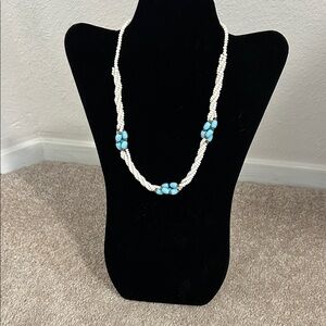 Elegant White and Blue Beaded Necklace